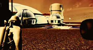 Stampe di La base di Marte. L'opera d'arte del computer dell'astronauta in una base su Marte. Gli esseri umani richiederanno abiti protettivi e edifici sigillati per vivere su Marte Immagini datate 2005 gennaio: Base di Marte