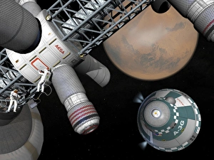 Stampe di Capsula di carico per Marte. Arte computazionale dell'automatizzata capsule di carico (in basso a destra) che inizia il suo viaggio uno-a-uno dalla cycler per la superficie del Marte (a sinistra) Immagini datate 2010 maggio: Capsula di carico per Marte, arte