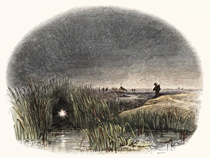 Stampe di Luce del paludoso, opera d'arte storica. Nota anche come fuoco della strega o candela dei morti, la luce del paludoso è una debole luce vista nei paludi e nelle bagnate Immagini datate 2005 agosto: Luce di palude