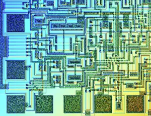 Stampe di Cipottino Microscopia differenziale di interferenza con contrasto ottico della superficie del cipottino, magnificazione 100x Immagini datate 2012: Fotografia a luce ultracorta del microchip