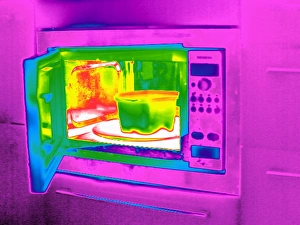 Stampe di Il riscaldatore a microonde e il termogramma. Il termogramma mostra la variazione della temperatura sulla superficie di un oggetto misurata dalla radiazione infrarossa lunga che emette Immagini datate 2008 dicembre: Microonde, termografia