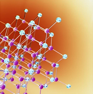 Stampe di Modello molecolare. Modello sfera e bastoncino della struttura di una molecola cristallina che mostra l'ordinato insieme di due tipi diversi d'atomo (rosso e blu) ed i legami tra loro Immagini datate 2004 giugno: Modello molecolare