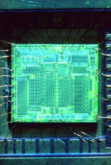 Stampe di Microprocessore integrato circolare Mos Tecnologia per il processore di base del computer personale tipo Pet, Acorn e Commodore. Foto macro a ingrandimento X3 al formato 35mm Poster scientifici: Microprocessore MOS tecnologia 6502