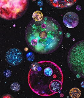 Stampe di Molti mondi, arte informatica concettuale. Alcuni fisici credono che ci siano un numero infinito di mondi paralleli, creati per ogni possibile risultato meccanico quantistico Immagini datate 2005 aprile: Molti mondi paralleli