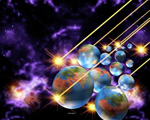 Stampe di Molti universi. Artefatto concettuale di computer con molti pianeti della Terra, rappresentanti i molti mondi teoria quantistica Immagini datate 2003: Molti universi