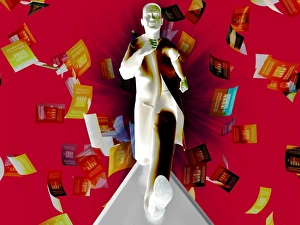 Stampe di Lavorato eccessivamente, arte informatica concettuale di un uomo che corre dalla carta da lavoro. Ciò potrebbe rappresentare una reazione all'iperlavoro Immagini datate 2004 luglio: Overworked