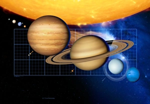 Stampe di I pianeti e il Sole accanto a una scala, arteopera d'arte. I pianeti del nostro sistema solare sono stati disegnati alla scala e posti accanto l'un l'altruno su un reticolo Immagini datate 2006 dicembre: Pianeti e Sole con scala