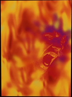 Stampe di MODEL RILASCIO. Fiammatismo o schizofrenia. Immagine astratta della faccia di un uomo in fiamme, aperta bocca e che urla con espressione di rabbia o terrore Immagini datate 1995 febbraio: Pyromania