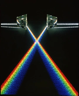 Stampe di La rifrattazione. Due raggi di luce bianca, ciascuno passato attraverso un prisma triangolare equilaterale. La luce viene suddivisa nelle sue componenti lunghezze d'onda, producendo uno spettro Immagini datate 1992 agosto: Rifrattazione della luce