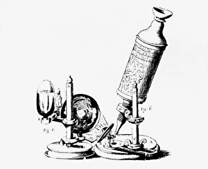 Stampe di Il disegno di Robert Hookes della sua stessa microscopia composta in Micrographia (1665) Immagini datate 1986: Il microscopio di Robert Hooke nella Micrographia del 1665
