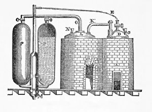 Stampe di L'ingegnere di Savery: opera artistica storica dell'invenzione a vapore della pompa da acqua patentata da Thomas Savery (1650-1717) nel 1698 Immagini datate 2003 luglio: Motore di Savery