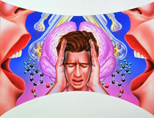 Stampe di La schizofrenia. L'arte di un uomo che ascolta voci non esistenti di donne. Le allucinazioni uditive sono uno dei sintomi più comuni della schizofrenia Immagini datate 2002: Schizophrenia