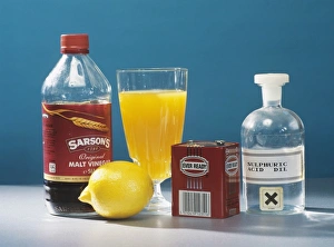 Stampe di La selezione degli acidi. Prodotti domestici che contengono acidi insieme all'acido solforico Immagini datate 2004 novembre: Selezione degli acidi
