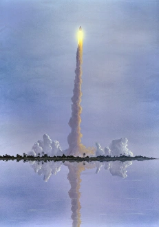 Kennedy Space Center Launch Stampe: Space Shuttle launch, artwork