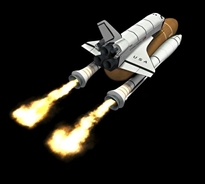 Space Shuttle Launch Stampe: Space shuttle launch, computer artwork