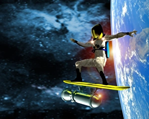 Stampe di Surfista dello spazio. Opera d'arte del computer di un surfista su una tavola nello spazio con la luna al centro destro della scena. Questo potrebbe essere uno sport estremo futuro Immagini datate 2002 settembre: Surfista dello spazio