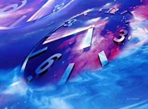 Stampe di L'essere spazio-tempo: opera d'arte concettuale di una faccia orologiera su uno sfondo stellare Immagini datate 2003 novembre: Space-time