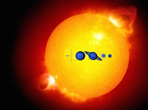 Stampe di Il Sole e i suoi pianeti. L'opera d'arte degli otto pianeti del sistema solare silenziosi davanti al Sole e disposti dall'esercizio sinistro a destra in ordine dal Sole Immagini datate 2006 dicembre: Il sole e i suoi pianeti