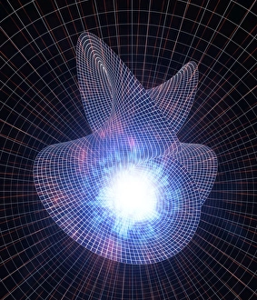 Stampe di Lo spazio-tempo distorto. L'arte computazionale concettuale di linee griglie piegate intorno a un oggetto astronomico rappresenta lo spazio-tempo distorto Immagini datate 2002 maggio: Spazio-tempo distorto