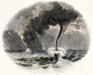 Stampe di Le acqueferte si avvicinano ad una nave, opera d'arte storica. Le acqueferte prendono forma dove un tornado tocca il mare invece del suolo Immagini datate 2005 agosto: Waterspouts