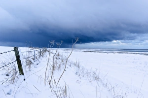 Stampe di Nuvole di inverno. Nuvolose grigie tempestose con neve carica che si avvicinano alla costa del Northumberland, UK vicino all'isola di Lindisfarne Immagini datate 2012 febbraio: Nuvole di inverno