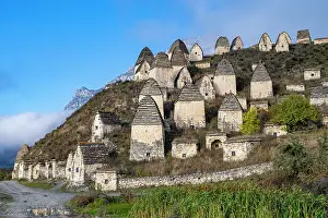 Caucasus Mountain Landscape Stampe: Exploring ancient burial structures in Dargavs