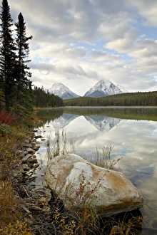 Mountain Peaks Reflected In Water Stampe: Mountains reflected in Leech Lake, Jasper National Park, UNESCO World Heritage Site