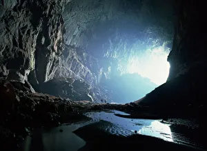Stampe di Piccole figure mostrano la scala della grotta del Cervo guardando indietro alla bocca della grotta del Cervo nel Parco Nazionale di Mulu a Sarawak sull'isola di Borneo in Malaisia nell'Asia Malesia Stampe: Piccole figure mostrano la scala della grotta del cervo guardando indietro