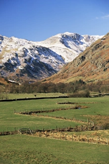 English National Parks Stampe: View across fields to valley head in winter, Great Langdale, Lake District National Park