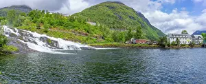 Stranda Municipality Scenery Stampe: View of Hellesylt waterfall in Hellesylt