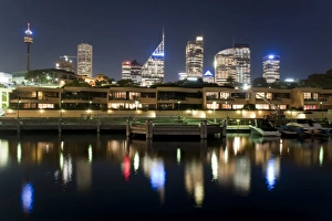 Sydney Skyline At Night Stampe: Wooloomooloo seafront and city in the background, Sydney, New South Wales