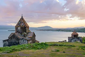 Armenia Travel Destinations Stampe: Sevanavank church on Lake Sevan at sunset, Sevan, Gegharkunik Province, Armenia
