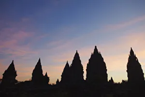 Javanese Architecture Style Stampe: Temples at Prambanan complex at sunset, Java, Indonesia