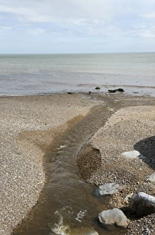 Seaside Town In Devon Stampe: Outlet of the River Sid onto the shingle beach of Sidmouth in Devon
