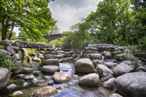 River Dart England Stampe: View of river with partially collapsed clapper bridge