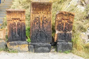 Armenia Monastery Stampe: Armenia, Sevan. Sevanavank. 9th century Monastery complex. Stone tablets