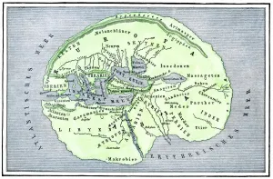 Stampe di Mappa della terra piatta secondo Erodoto, storico greco antico. Incisione a mano colorata di un'illustrazione del XIX secolo Terra Piatta Stampe: Mappa della terra piatta secondo Erodoto.