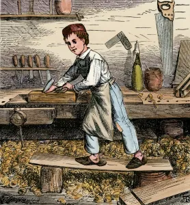 Stampe di Apprendista carpentiere che pialla un blocco di legno, 1800. Incisione a colori su legno di una illustrazione del XIX secolo Occupazioni Stampe: Falegname apprendista
