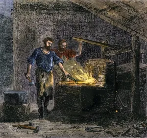 Stampe di Fabbro e il suo assistente in una forgia. Incisione a colori di un'illustrazione del XIX secolo Occupazioni Stampe: Fabbro e suo assistente in un forno da fuoco.