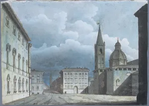 Watercolour Ink On Paper Art Stampe: View from the Current Oderlaffi Square in Forl