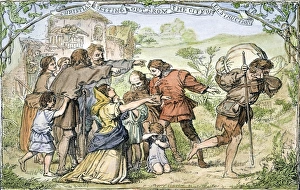 Stampe di BUNYAN: IL PROGRESSO DEI PELLEGRINI.Cristiano che si allontana dalla Città della Distruzione: incisione in legno per una edizione del XIX secolo di John Bunyan Il Progresso dei Pellegrini Illustrazione Stampe: BUNYAN: IL PROGRESSO DEI PELLEGRINI