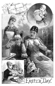 Vintage Easter Cards Stampe: EASTER, 1884. Scenes from Easter Day. Engraving, American, 1884