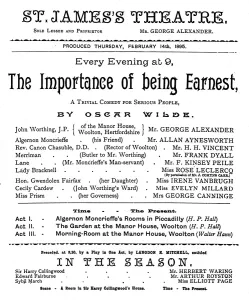 St James Theatre London Stampe: WILDE: PLAY PROGRAM. Program for the first performance of The Importance of Being Earnest