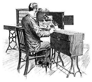 Late 19th Century Inventions Stampe: CENSUS MACHINE, 1890. Operating the sorting and counting mechanism for the statistical