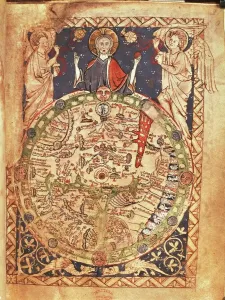 Stampe di La cartografia, XIII secolo. Mappa Mundi, mappa medievale, Londra circa 1265. Inchiostro e colori su pergamena. Il diametro della mappa è di 9 cm Immagini Correlate Stampe: Mappa Mundi, inchiostro e colori su pergamena, creata a Londra intorno al 1265.