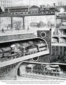 London Underground History Stampe: Sectional view of Londons transport system