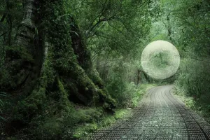 Stampe di Orbola luminosa galleggiante nella foresta sopra un percorso di codice binario Le Immagini Del Fotografo Neozelandese Donald Iain Smith, Che Immortalano Le Relazioni Con La Tecnologia Moderna, Da Quelle Più Divertenti A Quelle Più Fantastiche, Sono Una Nuova Prospettiva. Stampe: Codice binario, fiume binario, bollicina