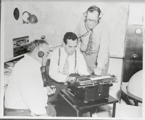 Vintage Radio Broadcasting Stampe: Radio Broadcasters Working on Script at Typewriter