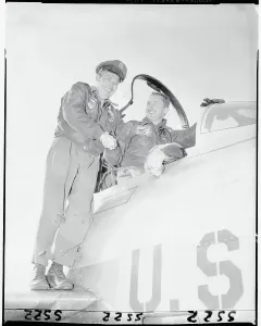 Aircraft History Stampe: Robert Ruby Shaking Hands with Robert Scott