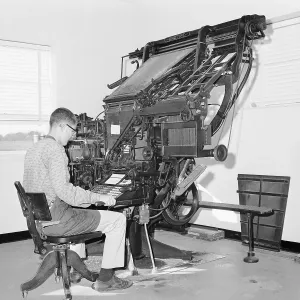 Vintage Printing Equipment Stampe: Student Using Linotype Machine
